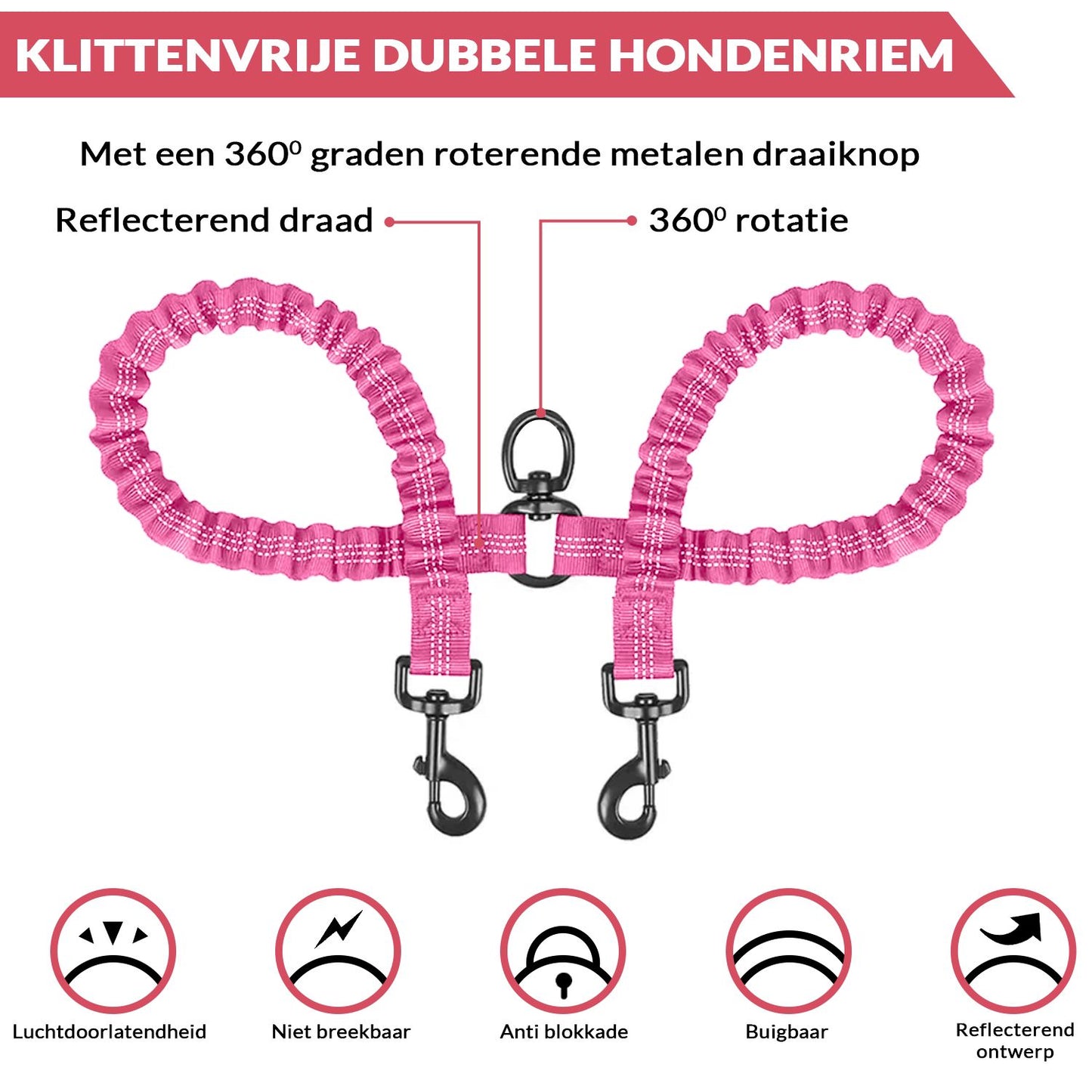 Zealtic TwinTail PowerPaws Hondenriem: 120cm Touw voor 2 Honden met Dubbele Schokdempende Bungee