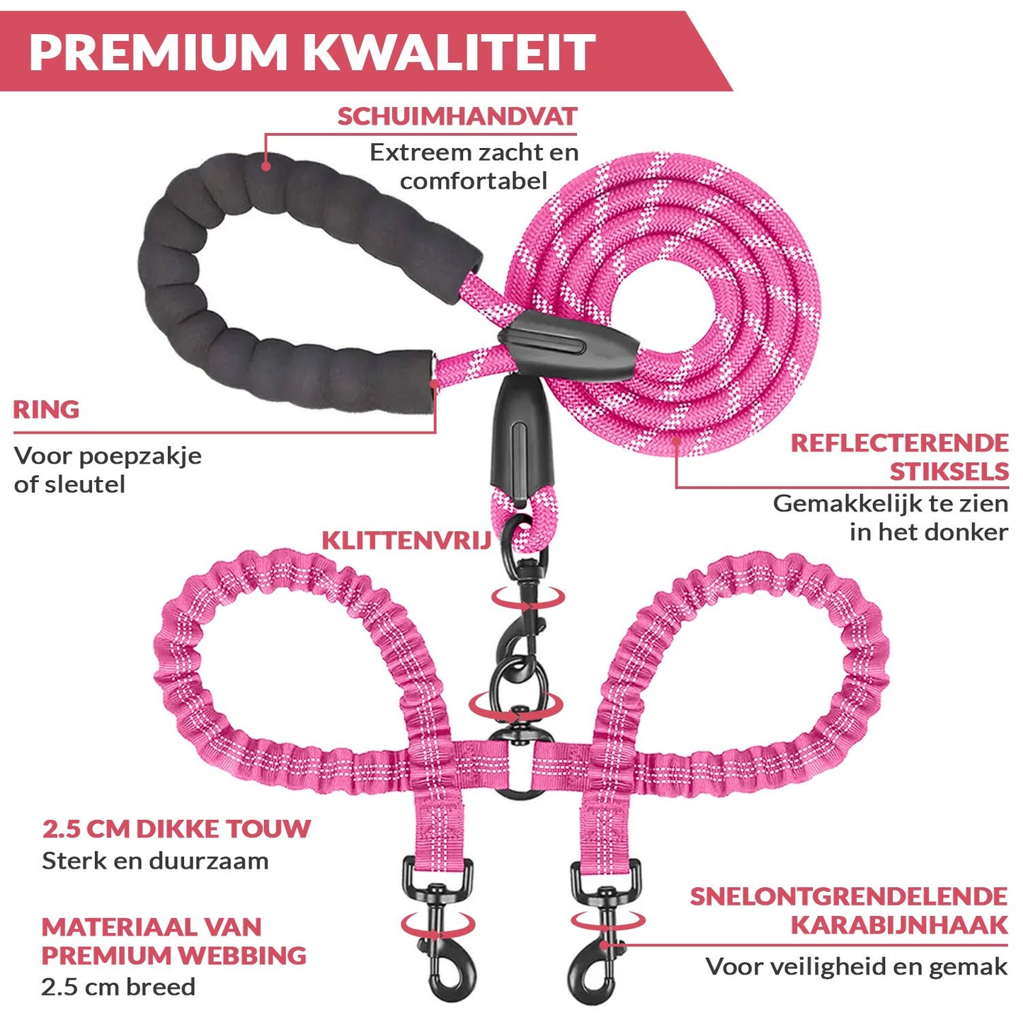 Zealtic TwinTail PowerPaws Hondenriem: 120cm Touw voor 2 Honden met Dubbele Schokdempende Bungee