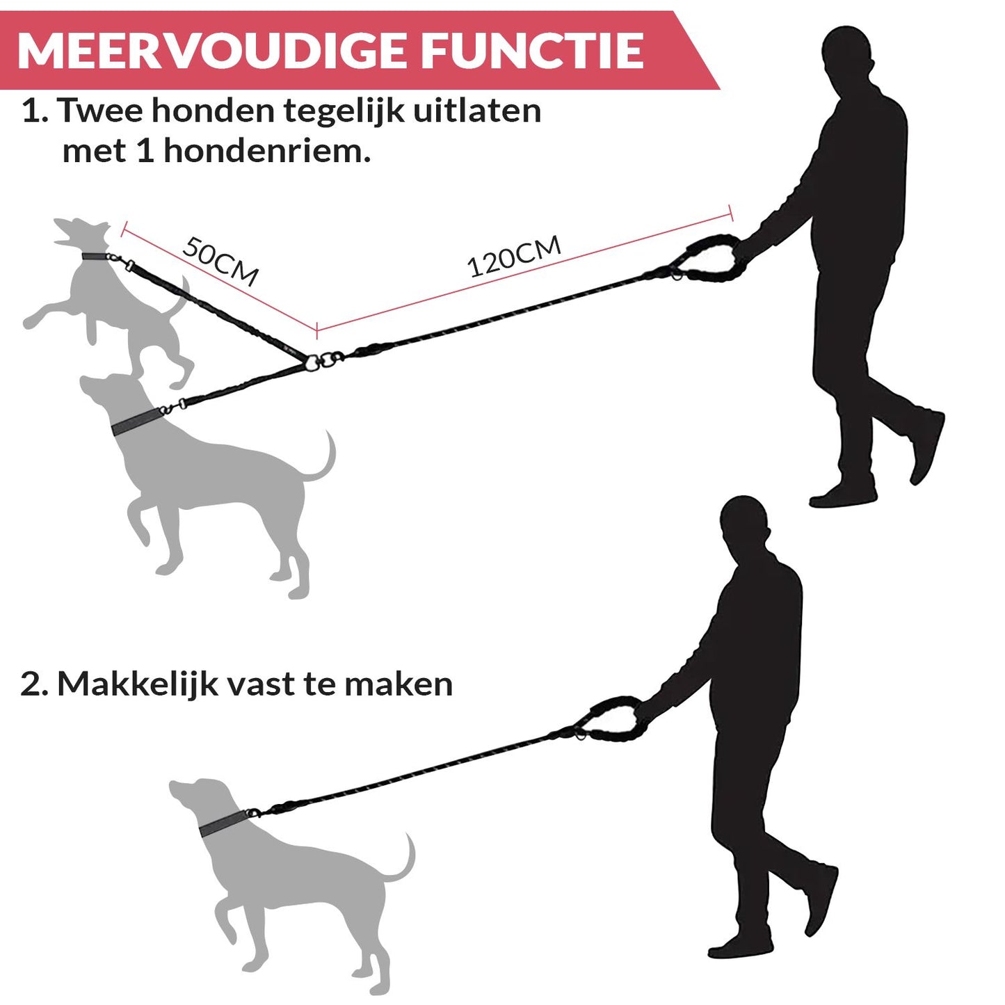 Zealtic TwinTail PowerPaws Hondenriem: 120cm Touw voor 2 Honden met Dubbele Schokdempende Bungee